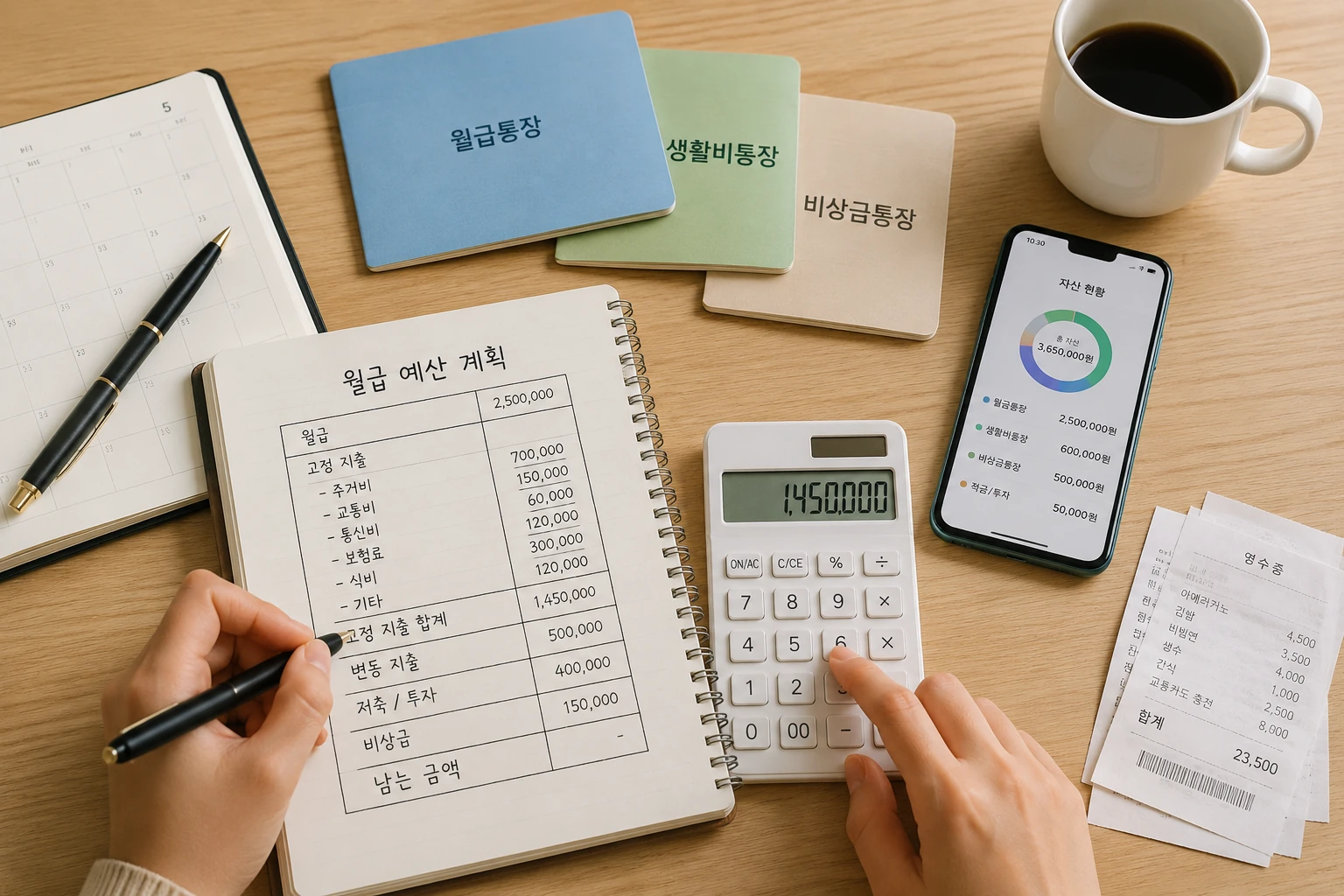 월급통장과 생활비통장, 비상금통장으로 월급을 나누어 관리하는 모습